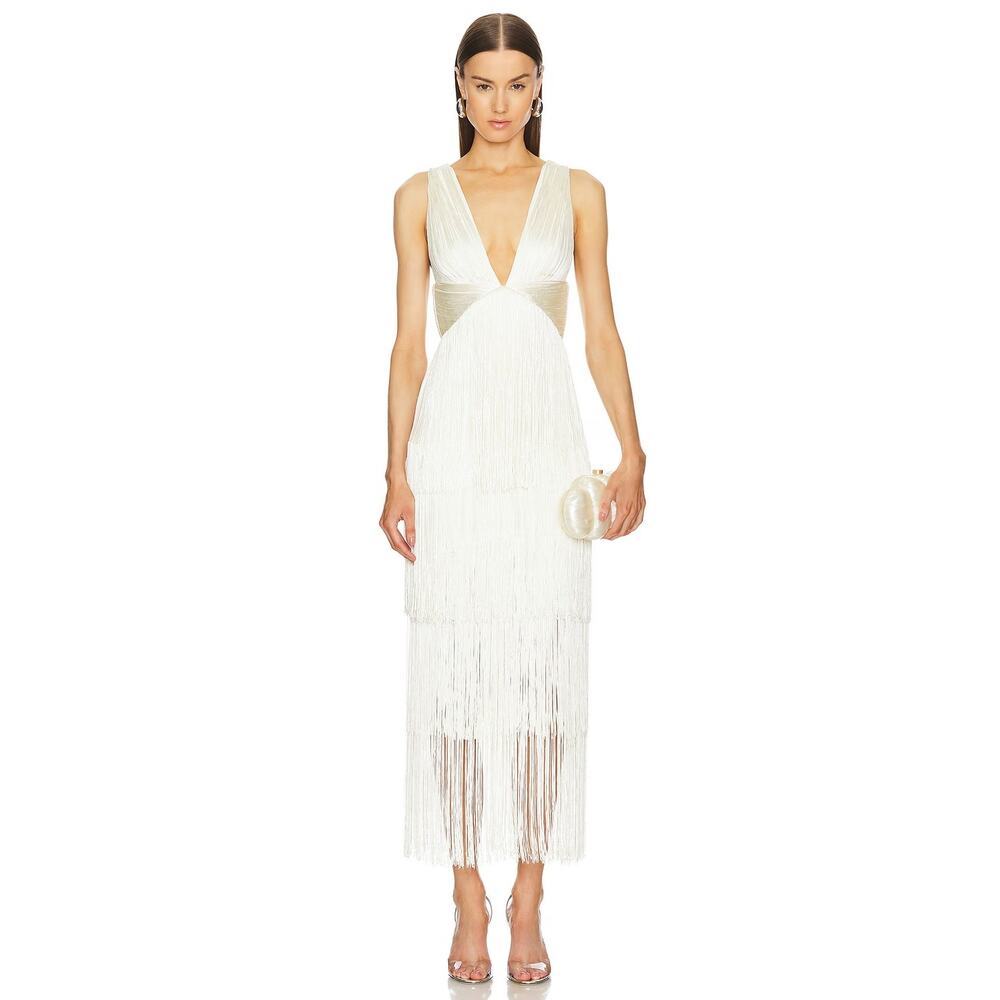NEW NWT Michael Costello X Revolve Skylar Fringe Maxi Dress Ivory‎ Size XXS